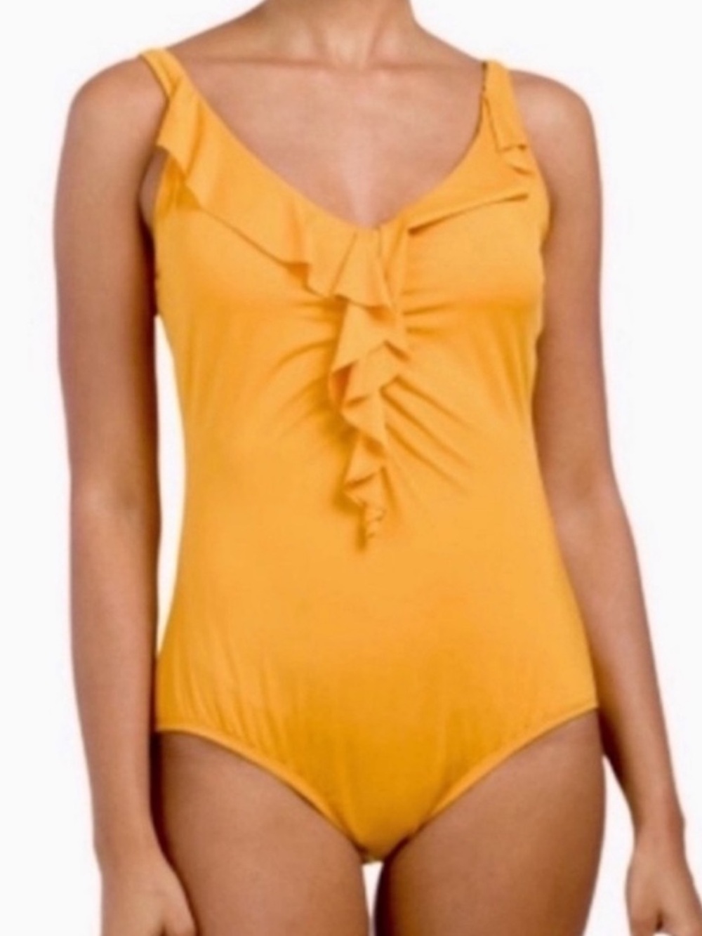 NEW Jantzen One Piece Swimsuit Cascading Ruffle V-neck Marigold Yellow Size 12
